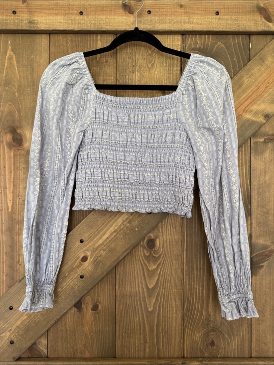 American Eagle Outfitters Tops - American Eagle Outfitters Blue Smocked Square-Neck Long Sleeve Crop Top Size XS